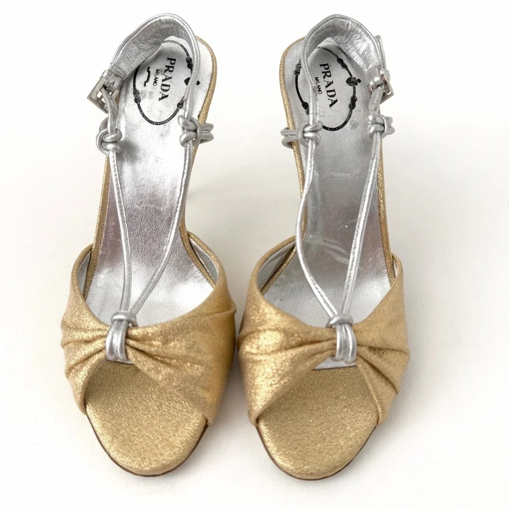 PRADA | Vintage Gold & Silver Metallic Knot Heels Tortoise Stiletto 36.5